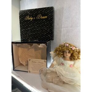 Baby's Dream Porcelain Doll Blonde Curls White Lace Dress Certificate Box